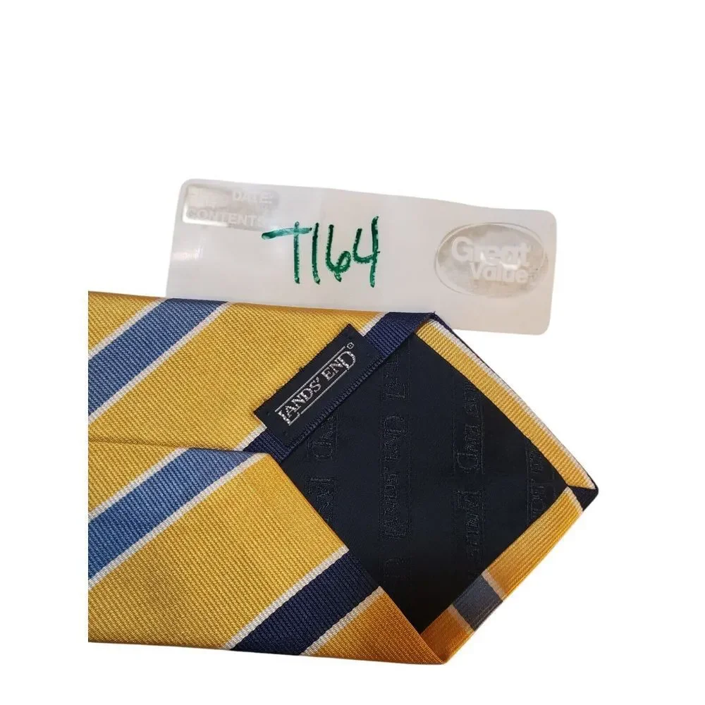 Lands End REPP Mens Tie Necktie Designer‎ Yellow Navy Blue Stripes Businesscore